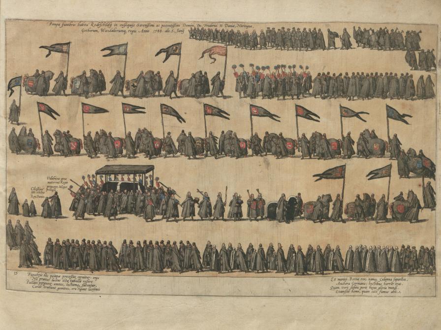 Frederik 2.s storslåede begravelsesoptog i Roskilde i 1588. Illustration fra bogen "Res Gestæ", 1589, Det Kgl. Bibliotek